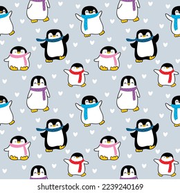 Seamless Pattern with Cartoon Penguin Design on Grey Background with Hearts