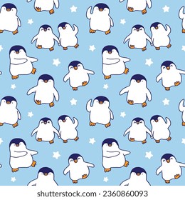 Seamless Pattern of Cartoon Penguin Design on Light Blue Background