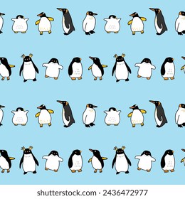 Seamless Pattern of Cartoon Penguin Design on Light Blue Background