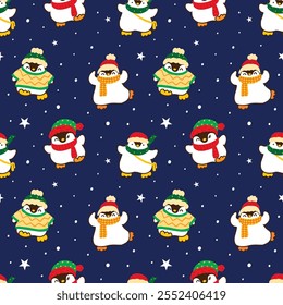 Seamless Pattern of Cartoon Penguin Design on Dark Blue Background with Stars. Hand Drawn Vector Illustration. Not AI Generated.