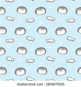 Seamless Pattern with Cartoon Penguin Face and Fish Design on Light Blue Background
