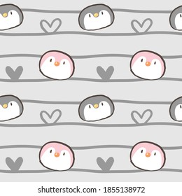 Seamless Pattern with Cartoon Penguin Face Design on Grey Background with Lines and Hearts