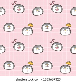 Seamless Pattern with Cartoon Penguin Face Design on Pink Plaid Background