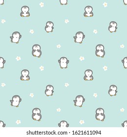 Seamless Pattern of Cartoon Penguin and Flower Design on Pastel Green Background