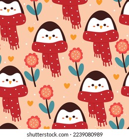 dibujos animados sin fisuras en pingüino y flores. papel tapiz de animal lindo para papel de envolvimiento de regalo
