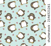 Seamless Pattern of Cartoon Penguin and Heart Design on Pastel Green Background