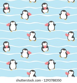 Seamless Pattern of Cartoon Penguin and Heart Design on Blue Background with White Wavy Lines