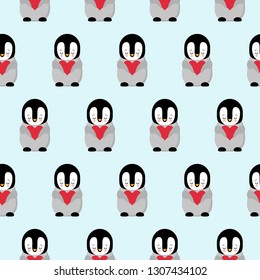 Seamless Pattern with Cartoon Penguin and Heart Design on Blue Background