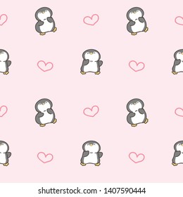 Seamless Pattern with Cartoon Penguin and Heart Design on Pink Background