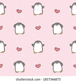 Seamless Pattern with Cartoon Penguin and Heart Design on Pink Background