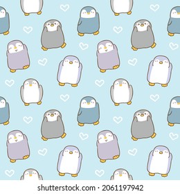 Seamless Pattern with Cartoon Penguin and Heart Design on Light Blue Background