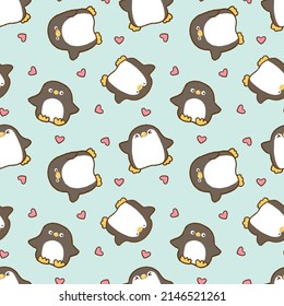 Seamless Pattern of Cartoon Penguin and Heart Design on Pastel Green Background