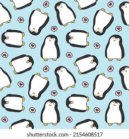 Seamless Pattern with Cartoon Penguin and Heart Design on Light Blue Background