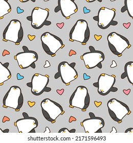Seamless Pattern with Cartoon Penguin and Heart Design on Grey Background