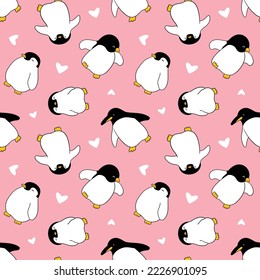 Patrón sin problemas con pinguino de dibujos animados y diseño cardíaco en fondo rosa