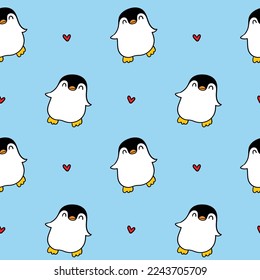 Seamless Pattern with Cartoon Penguin and Heart Design on Blue Background