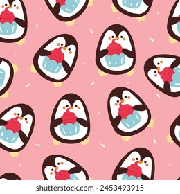 seamless pattern cartoon penguin holding a cupcake. cute animal wallpaper illustration for gift wrap paper