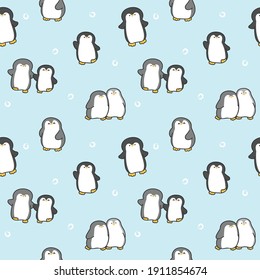 Seamless Pattern with Cartoon Penguin Illustration Design on Light Blue Background