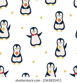 Seamless pattern cartoon penguin isolated on white background. Vector illustration of Arctic cute animals. concept of Christmas and New Year