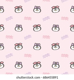 Seamless Pattern of Cartoon Penguin on Pink Background with Dots