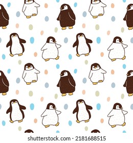 Seamless Pattern with Cartoon Penguin and Pastel Dot Design on White Background