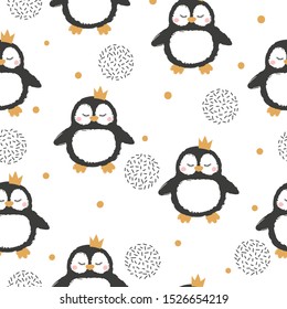 Seamless pattern with cartoon penguin princess in crown. Baby print