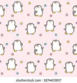 Seamless Pattern with Cartoon Penguin and Star Design on Pink Background