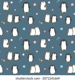 Seamless Pattern with Cartoon Penguin and Star Design on Dark Blue Background
