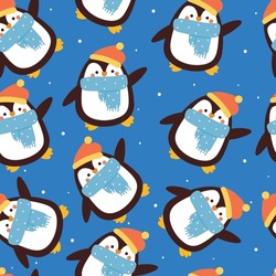 Seamless Pattern Cartoon Penguin With Winter Outfit. Cute Animal Pattern For Winter Wallpaper, Gift Wrap Paper