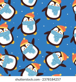 seamless pattern cartoon penguin with winter outfit. cute animal pattern for winter wallpaper, gift wrap paper