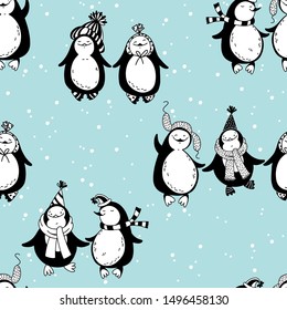 Seamless pattern with cartoon penguins under the snow. Winter children background. Vector.
