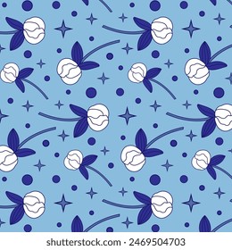 Nahtloses Muster mit Cartoon Pfingstrosen mit Umriss und Füllung in blauen, cyan und weißen Farben. Zarter Hintergrund mit schönen Pfingstrosen. Elegante handgemachte Textur für Dekoration und Druck.