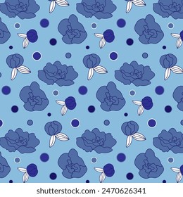 Patrón sin costuras con peonías de dibujos animados con contorno y relleno en colores azul, cian y blanco. Fondo delicado con hermosos cogollos de peonía. Elegante textura hecha a mano para decoración e impresión.