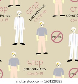 Seamless pattern with cartoon people in protective medical clothes and text- stop coronavirus on the pink background. Preventing the Covid 19 Virus Infection, Coronavirus alert.