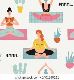 Seamless pattern with cartoon people in yoga position and meditate. Cute illustration of people doing exercise. Lifestyle infographics, mental and physical benefits of practice.