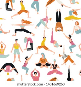 Seamless pattern with cartoon people in yoga position and meditate. Cute illustration of people doing exercise. Lifestyle infographics, mental and physical benefits of practice.