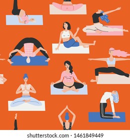 Seamless Pattern With Cartoon People In Yoga Position And Meditate. Cute Illustration Of People Doing Exercise. Lifestyle Infographics, Mental And Physical Benefits Of Practice.