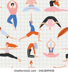 Seamless pattern with cartoon people in yoga position and meditate. Cute illustration of people doing exercise. Lifestyle infographics, mental and physical benefits of practice.