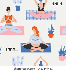 Seamless pattern with cartoon people in yoga position and meditate. Cute illustration of people doing exercise. Lifestyle infographics, mental and physical benefits of practice.