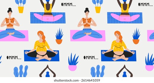 Seamless pattern with cartoon people in yoga position and meditate. Cute illustration of people doing exercise. Lifestyle infographics, mental and physical benefits of practice.