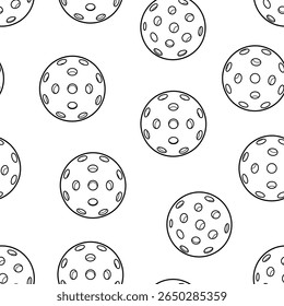 Seamless pattern of cartoon pickleballs with perforated surfaces in black and white lineart style