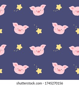 Seamless Pattern of Cartoon Pig Face and Star Design on Dark Blue Background