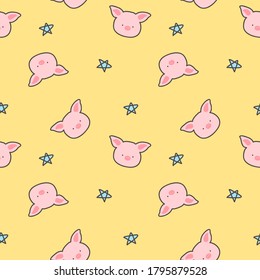 Seamless Pattern with Cartoon Pig Face and Star Design on Yellow Background