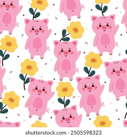 seamless pattern cartoon pig with floral. cute wallpaper for fabric print, gift wrap paper