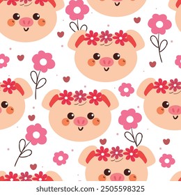 seamless pattern cartoon pig with floral. cute wallpaper for fabric print, gift wrap paper