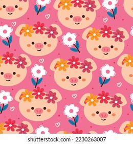 dibujos animados sin costura en cerdos y flores. papel tapiz de animal lindo para textiles, papel de envoltura de regalo