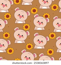 seamless pattern cartoon pig with flowers. cute animal wallpaper for fabric print, gift wrap paper