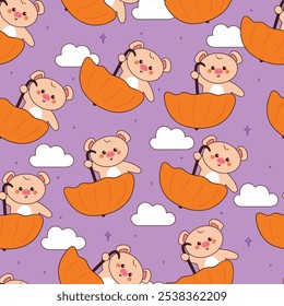 seamless pattern cartoon pig with orange umbrella and purple sky. cute animal wallpaper for fabric print, gift wrap paper