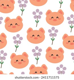 seamless pattern cartoon pig and pink tulip flower. cute animal wallpaper for textile, gift wrap paper