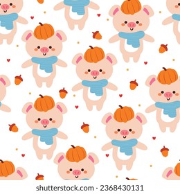 caricatura de patrón ininterrumpido de cerdo, calabaza y elemento de vibraciones otoñales. un bonito fondo de pantalla de otoño para las vacaciones. diseño para tela, diseño plano, papel de envoltura de regalo 